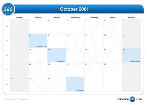 October 7 2001 Calendar